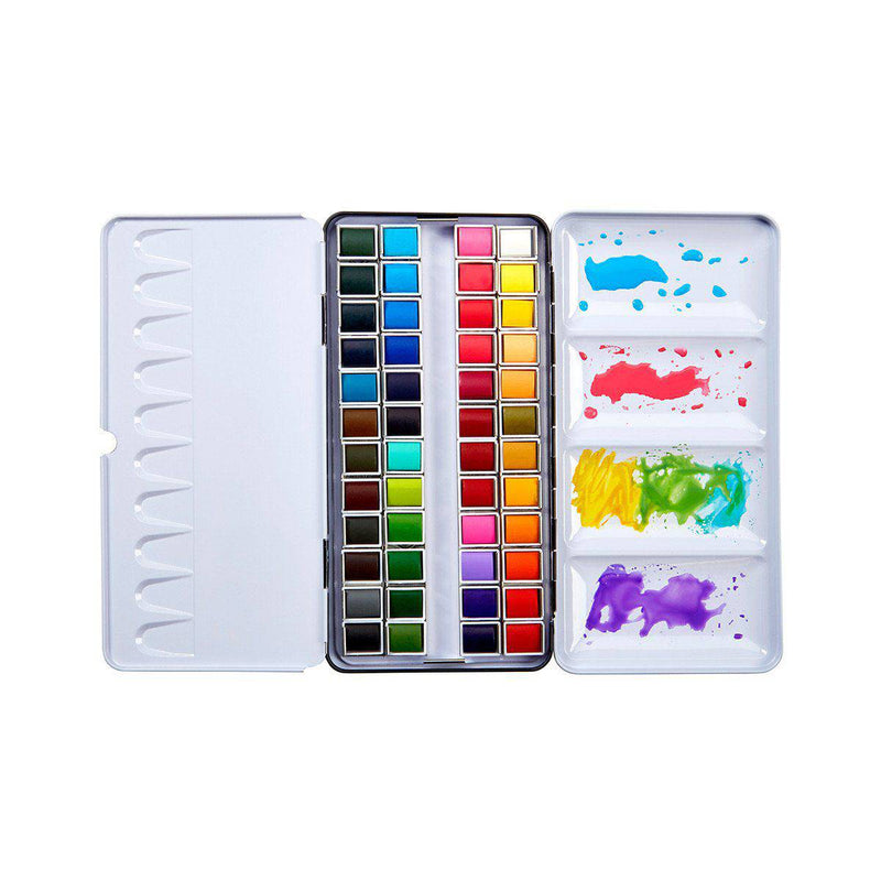 KINGART® PRO Artist Watercolor Half-Pans, Tin Box with Water Brush, Set of 48 Vibrant Colors - KINGART