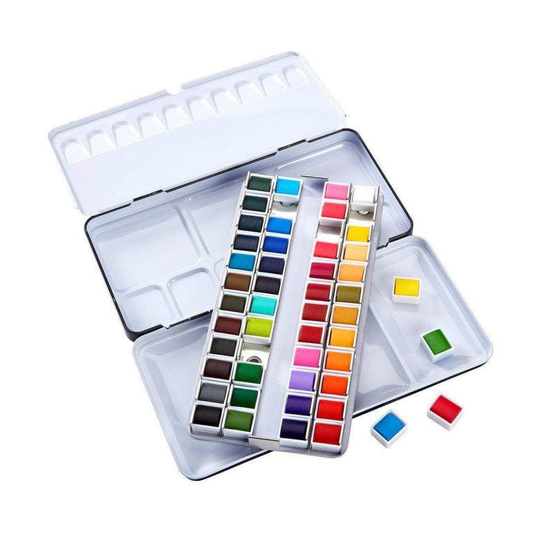 KINGART® PRO Artist Watercolor Half-Pans, Tin Box with Water Brush, Set of 48 Vibrant Colors - KINGART