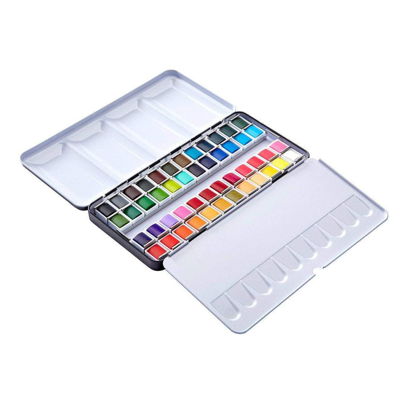 KINGART® PRO Artist Watercolor Half-Pans, Tin Box with Water Brush, Set of 48 Vibrant Colors - KINGART