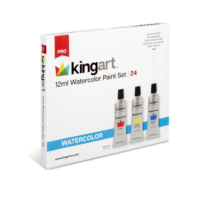 KINGART® PRO Artist Watercolor Paint, 12ml (.4oz),  Set of 24 Unique Colors - KINGART