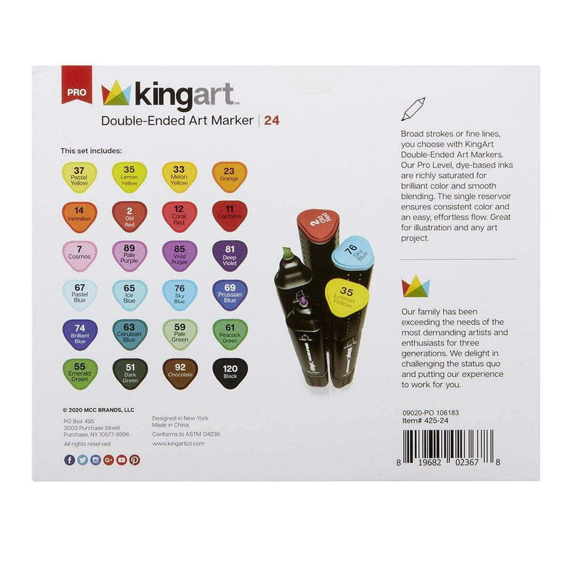 KINGART® PRO Double-Ended Sketch Markers, Alcohol-Based Ink, Fine & Chisel Tip, 24 Unique Colors - KINGART
