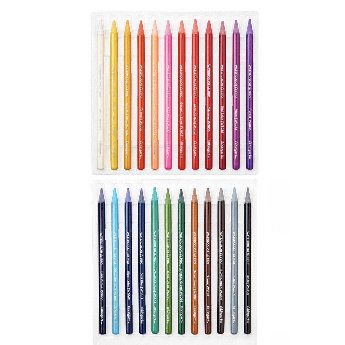 KINGART® PRO Watercolor Pencils, 100% Woodless, Wet or Dry Media,  Multi-Colored Water-Based Crayons, Set of 24 Unique Colors