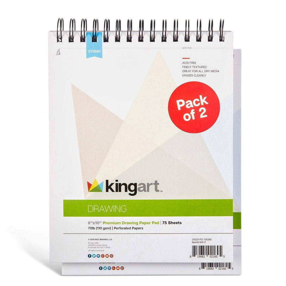 KINGART® Drawing Paper Pad, Pack of 2, 8 x 10 inches, 75 Pages Each,  70lb/110gsm, Micro-Perforated, Spiral Bound