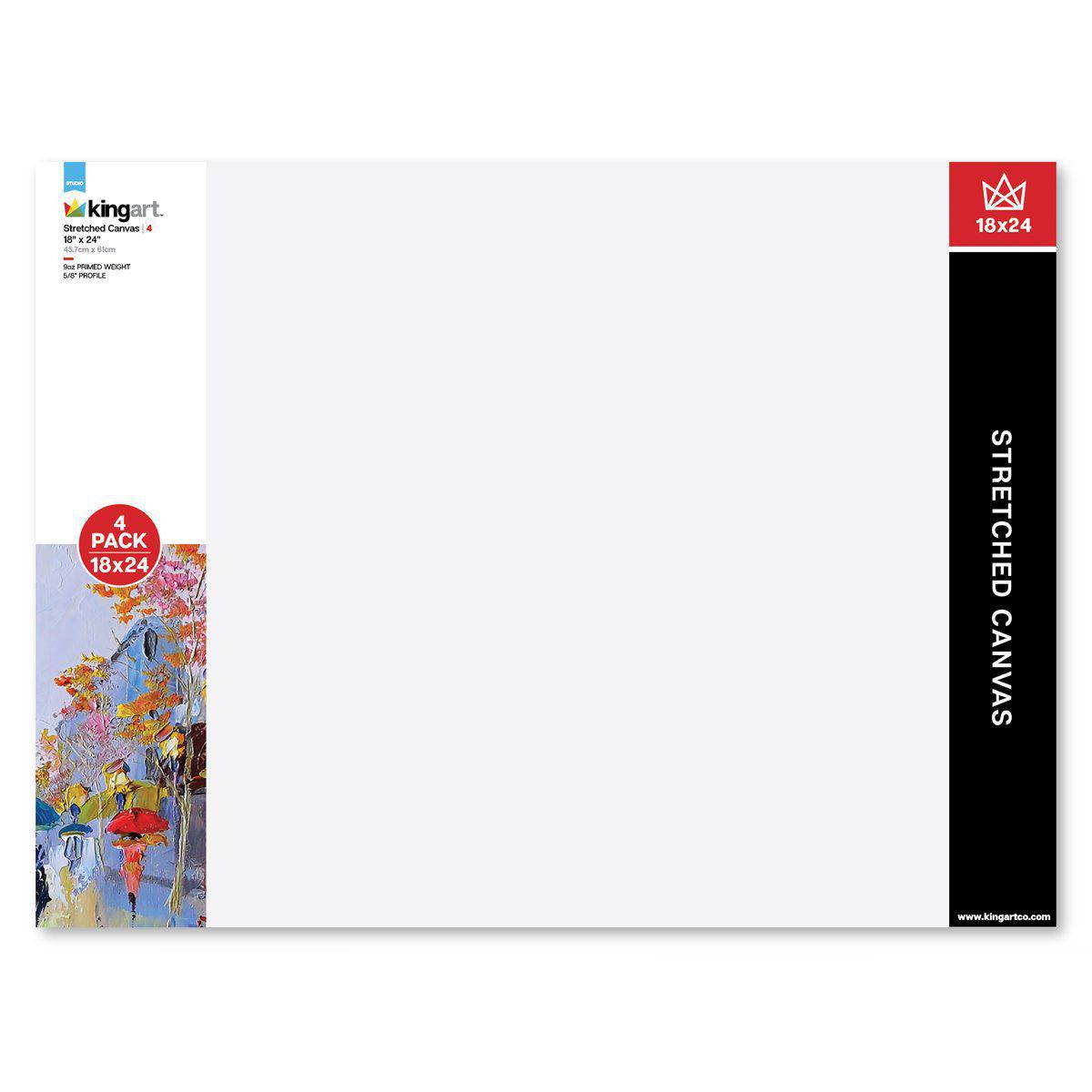 KINGART® Stretched White Canvas 18 x 24, 100% Cotton, Gesso-Primed,  4-Pack