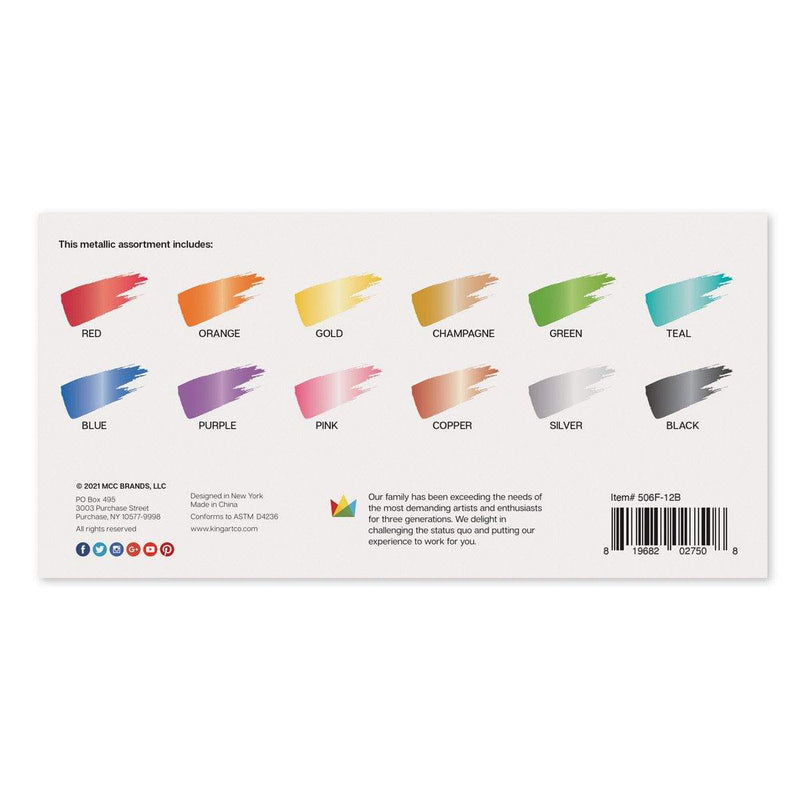 KINGART® Studio Acrylic Craft Paint, 60ml Bottle, Set of 12 Metallic Colors - KINGART
