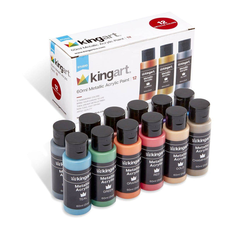 KINGART® Studio Acrylic Craft Paint, 60ml Bottle, Set of 12 Metallic Colors - KINGART