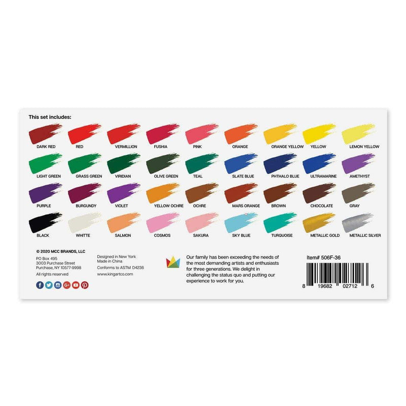KINGART® Studio Acrylic Craft Paint, 60ml Bottle, Set of 36 Vibrant Colors - KINGART