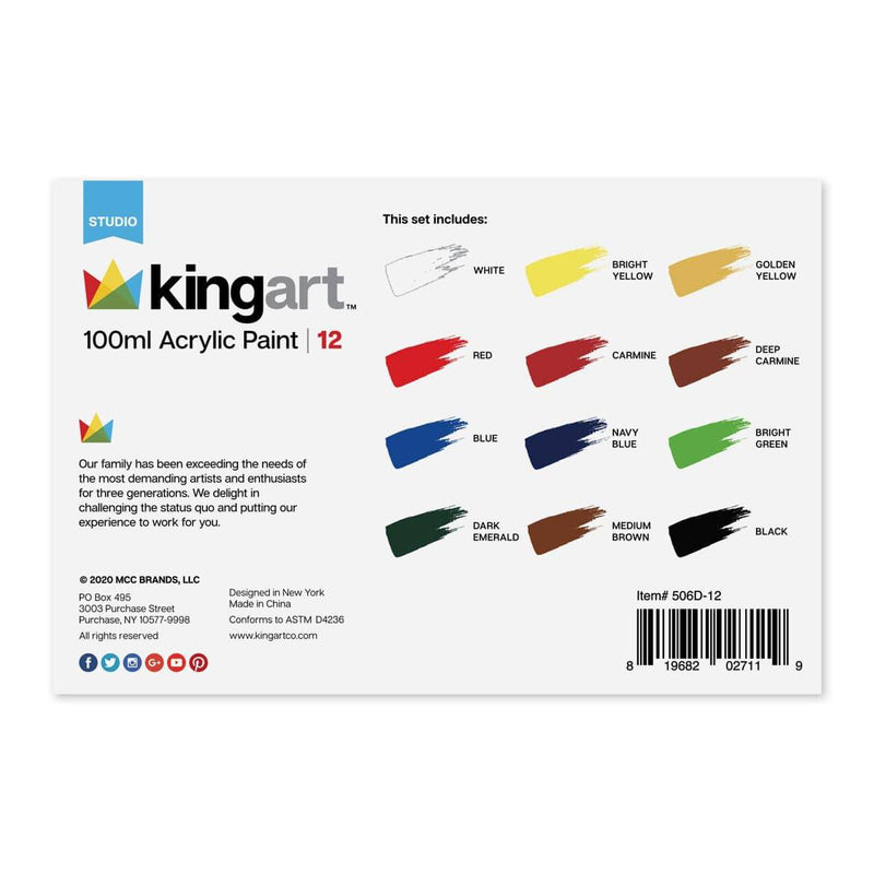 KINGART® Studio Acrylic Paint, 100ml Jars, Set of 12 Vivid Colors - KINGART