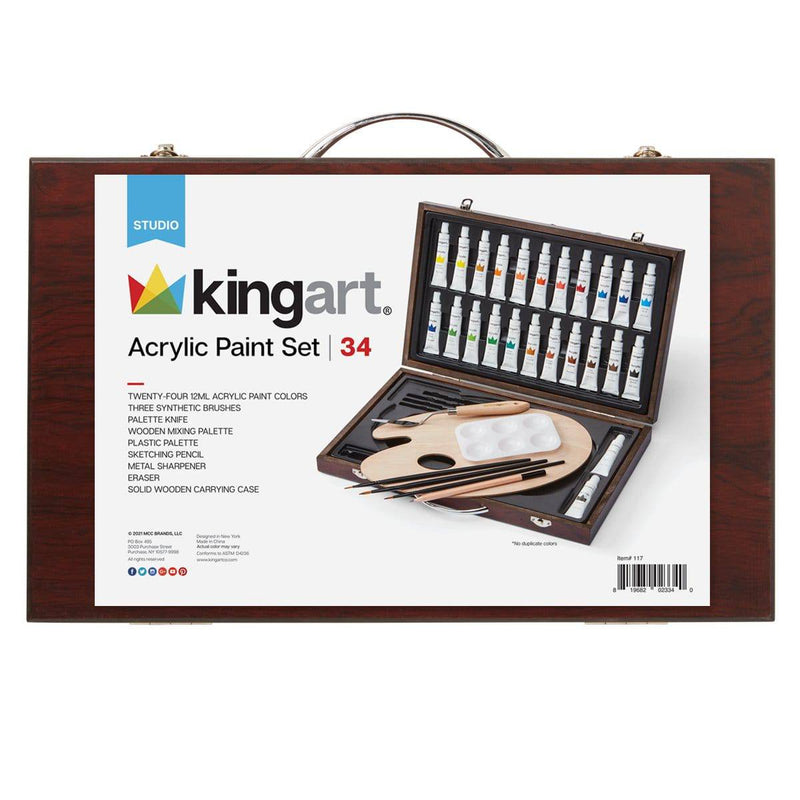 KINGART® Studio Acrylic Painting Set, Espresso Wood Case, Set of 34 Unique Pieces - KINGART