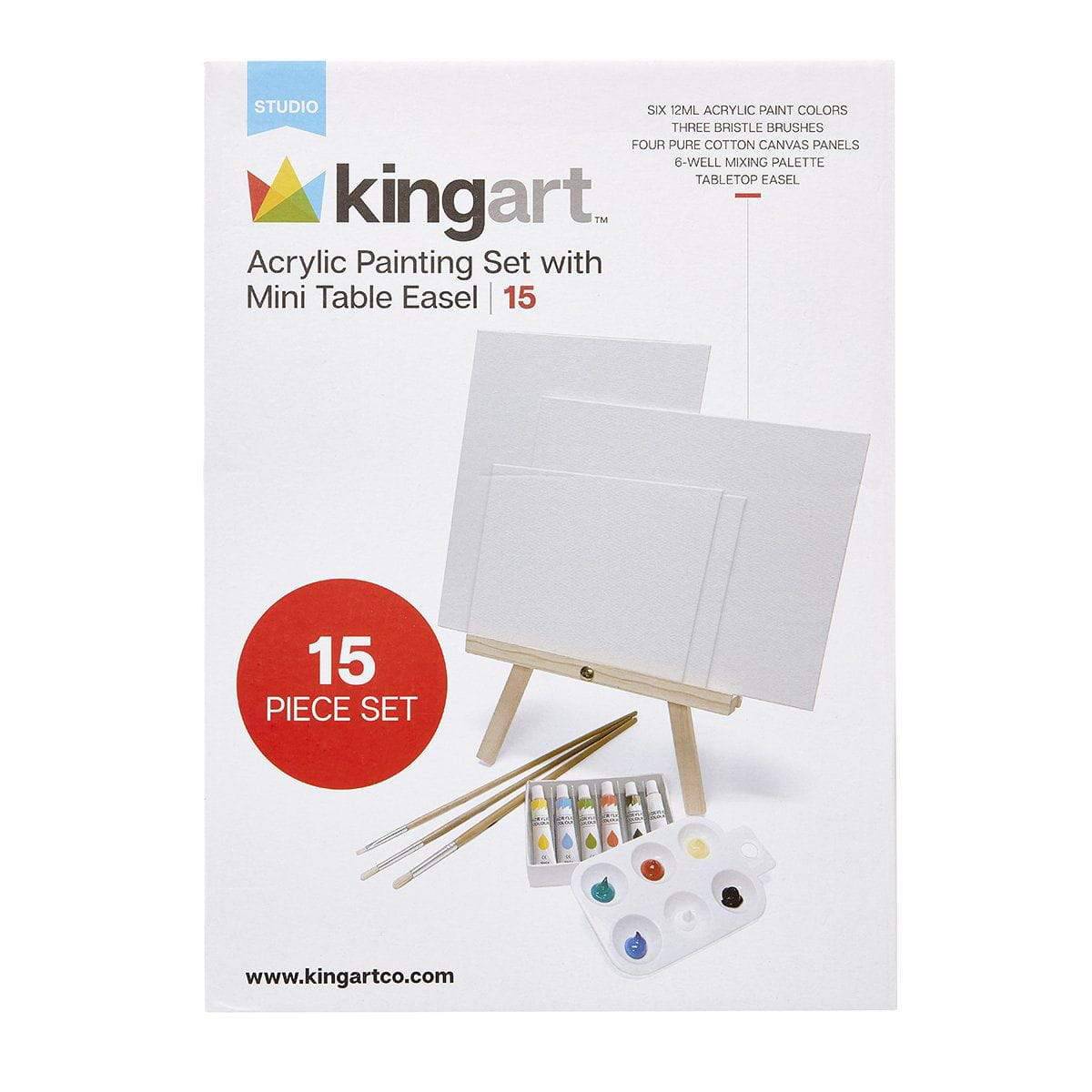 KINGART® Acrylic Painting Set with Tabletop Easel and Canvas Panels, 15