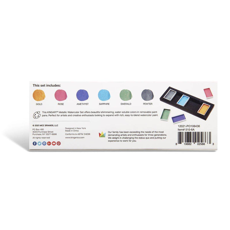 KINGART® Studio Metallic Watercolor Paint, Set 6 of Shimmery Colors - KINGART