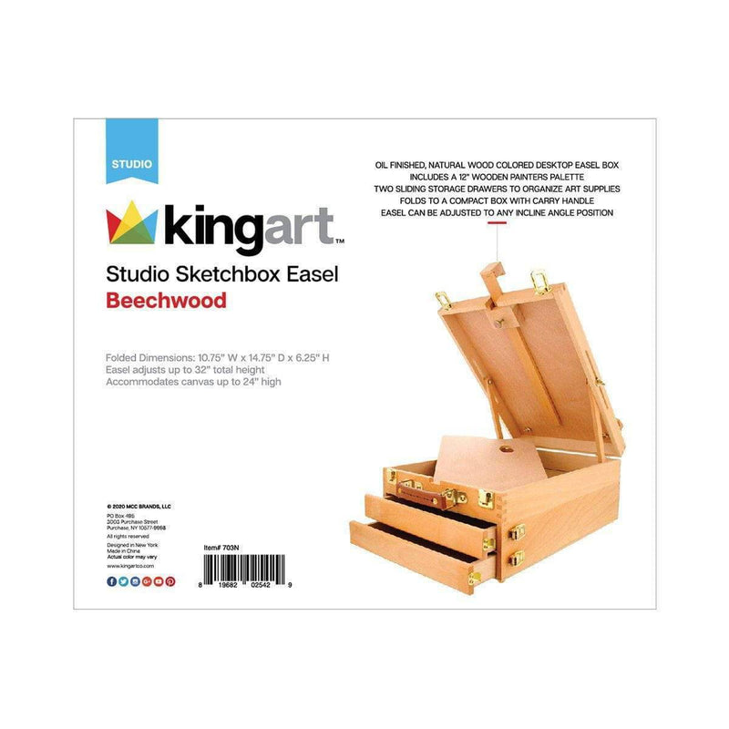 KINGART® Studio Sketchbox Easel, Beechwood, Extra Large, Adjustable, 2-Drawer, Wood Palette with Natural Finish - KINGART