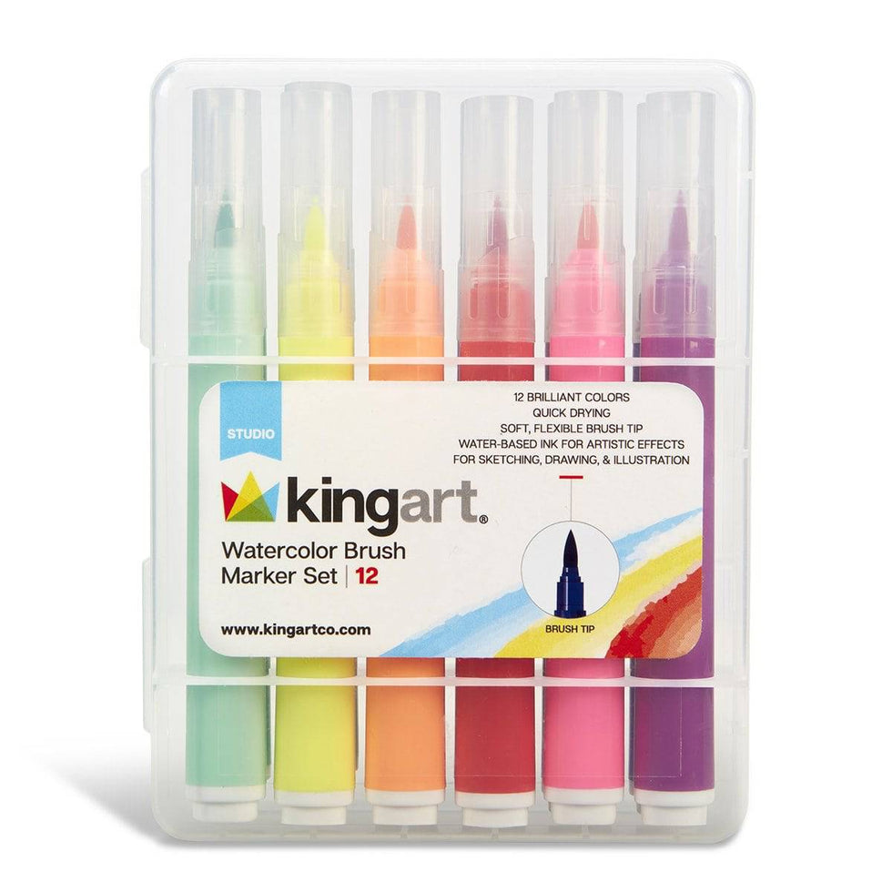 KINGART® Soft Tip Watercolor Brush Marker Set With Case, Set of 12
