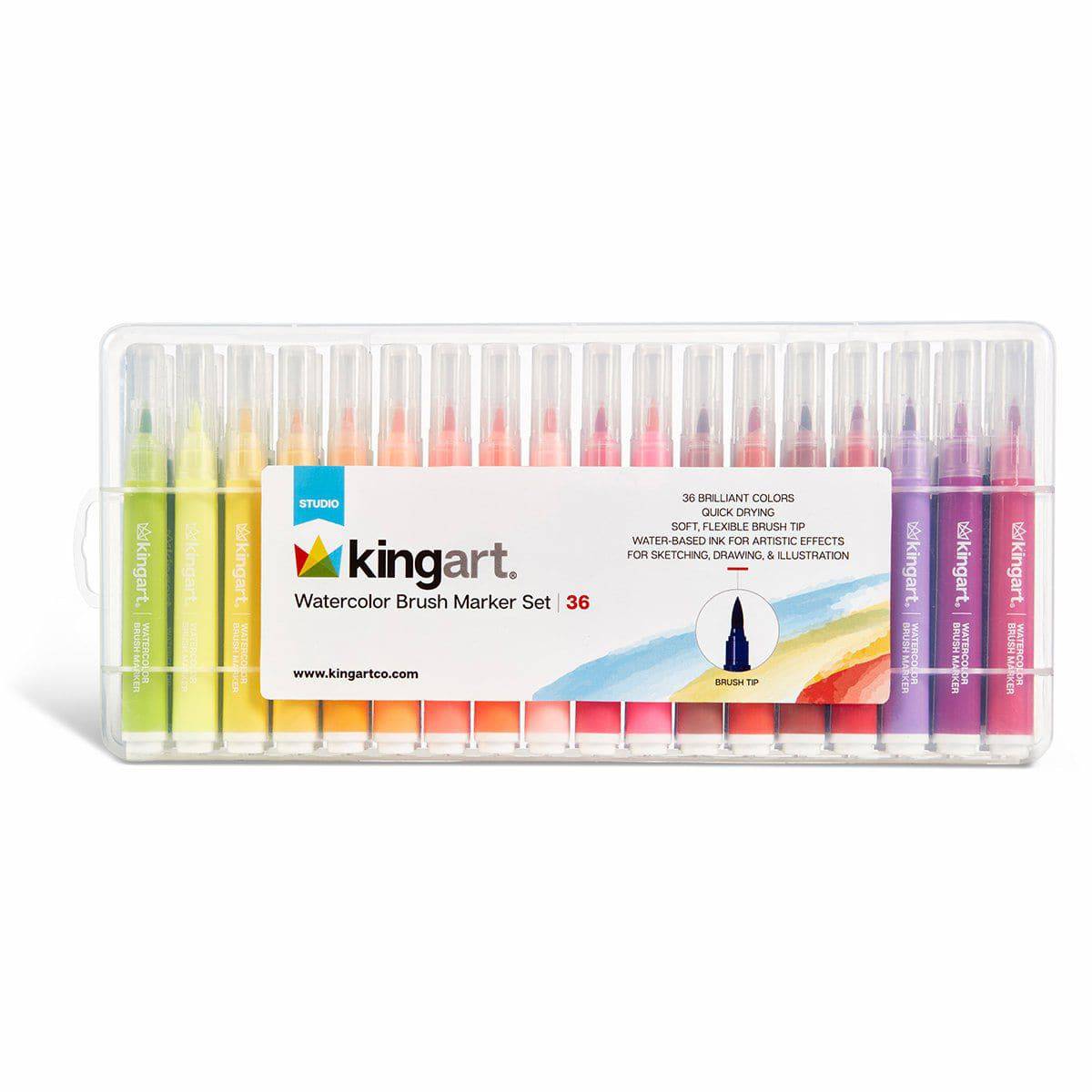 KINGART® Soft Tip Watercolor Brush Marker Set With Case, Set of 36