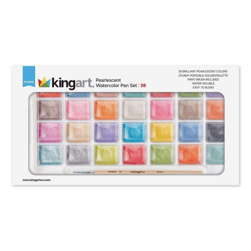 KINGART® Watercolor Half-Pan Set, Pearlescent Colors, 28 Unique Shades & Paint Brush - KINGART