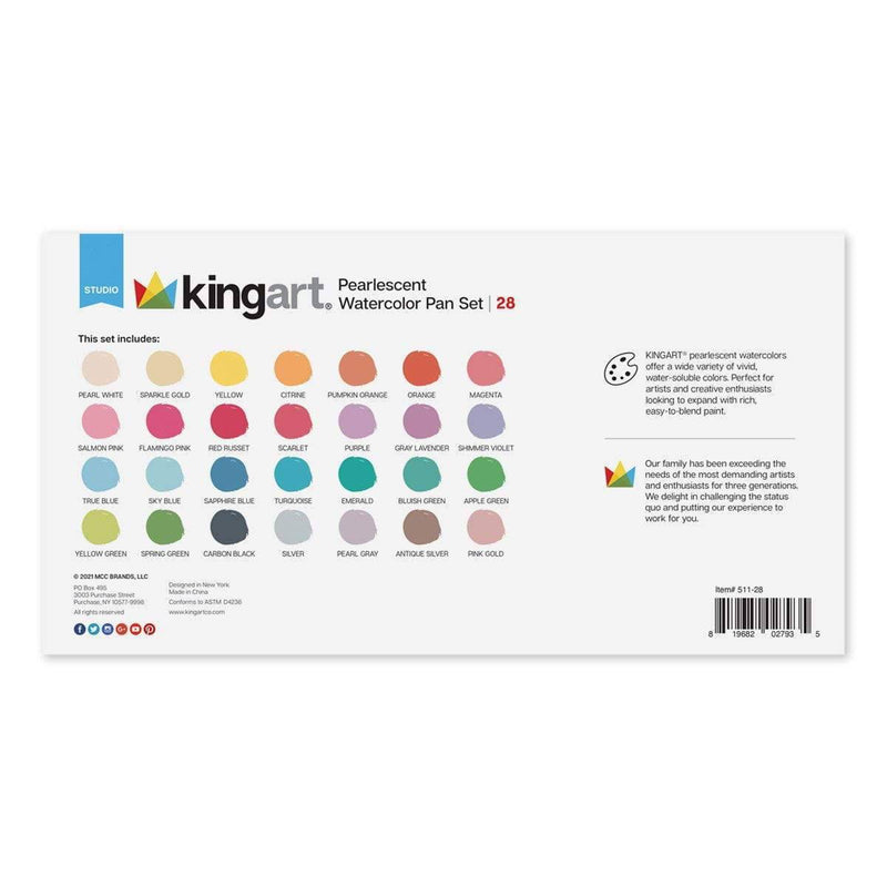KINGART® Watercolor Half-Pan Set, Pearlescent Colors, 28 Unique Shades & Paint Brush - KINGART