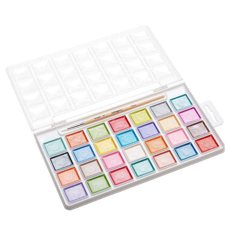 KINGART® Watercolor Half-Pan Set, Pearlescent Colors, 28 Unique Shades & Paint Brush - KINGART