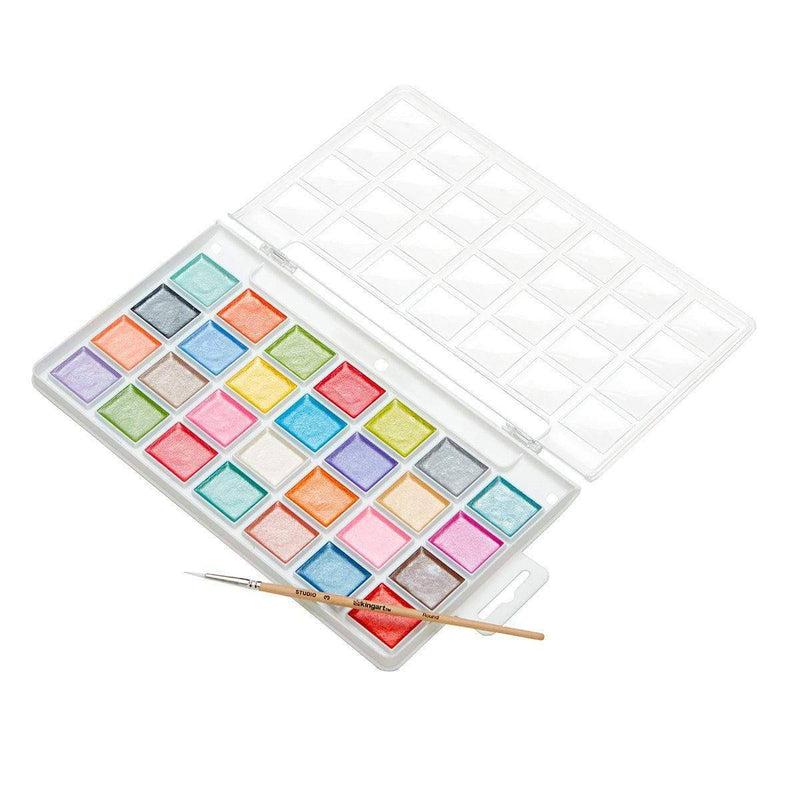 KINGART® Watercolor Half-Pan Set, Pearlescent Colors, 28 Unique Shades & Paint Brush - KINGART