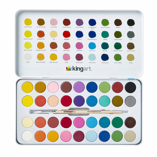 KINGART® Watercolor Pans, Tin Case & Paint Brush, Set of 36 Unique Colors - KINGART