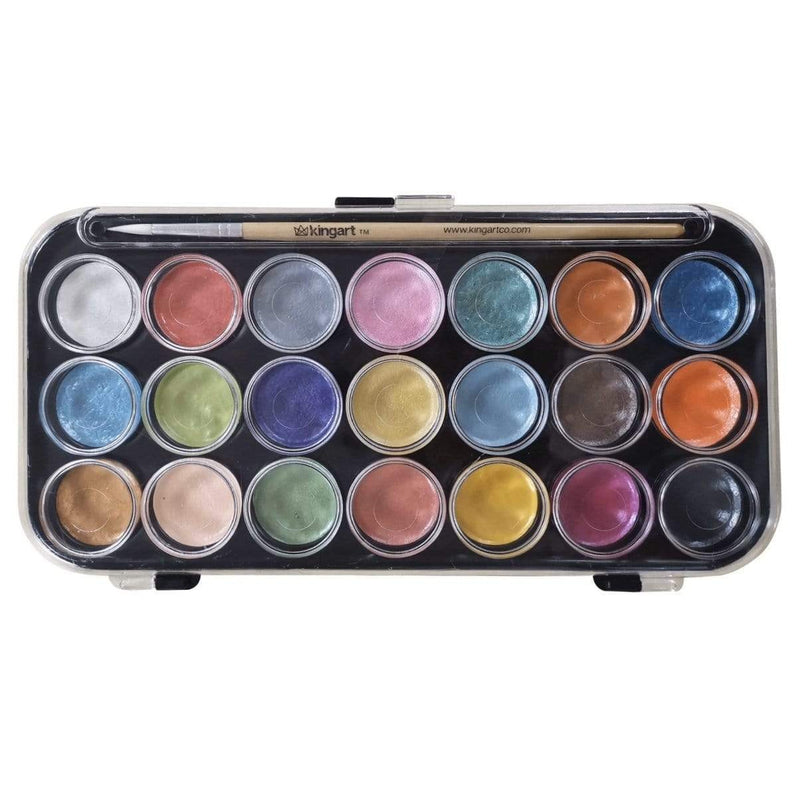 KINGART® Watercolor Pan Set, Pearlescent Colors, 21 Unique Shades & Paint Brush - KINGART