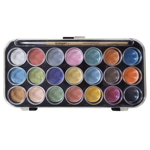 KINGART® Watercolor Pan Set, Pearlescent Colors, 21 Unique Shades & Paint Brush - KINGART